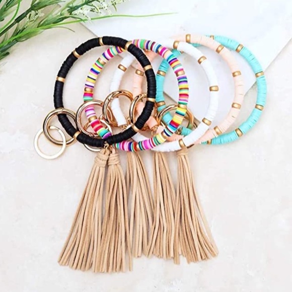 Gold Beaded Tassel Preppy Boho Keychain Bracelet - Picture 11 of 12